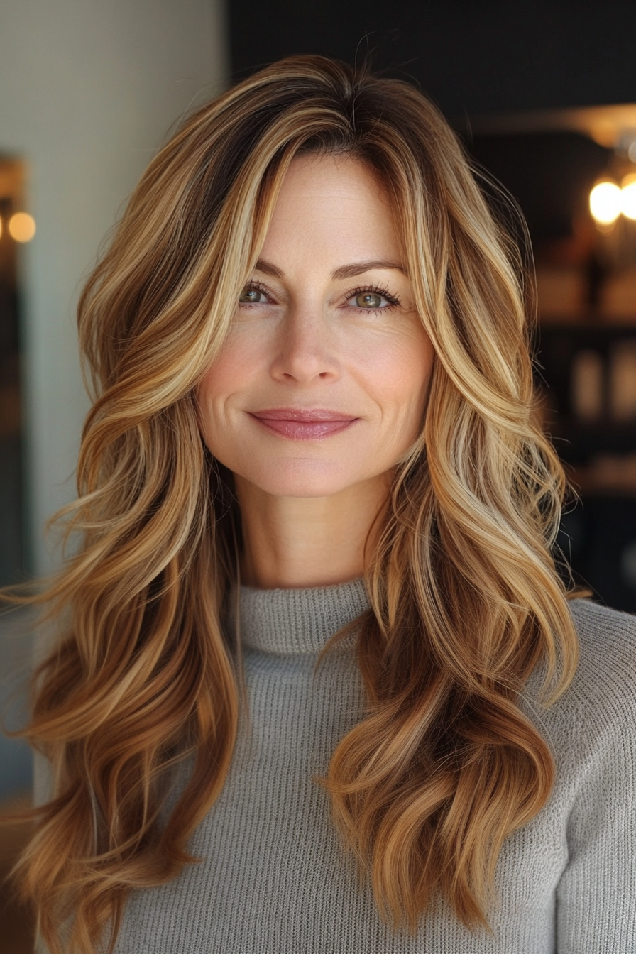 2. Layered Lob mit Honigblonden Highlights (Trendfrisuren für Frauen über 50) - Trendfrisuren für Frauen über 50