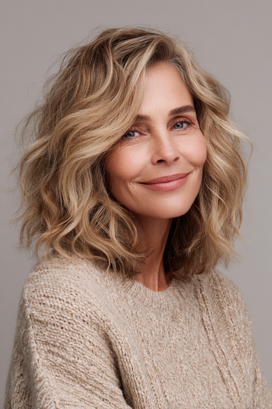 2. Layered Sand Dunes Lob (Frisuren für ältere Frauen mit welligem Haar) - Frisuren für ältere Frauen mit welligem Haar