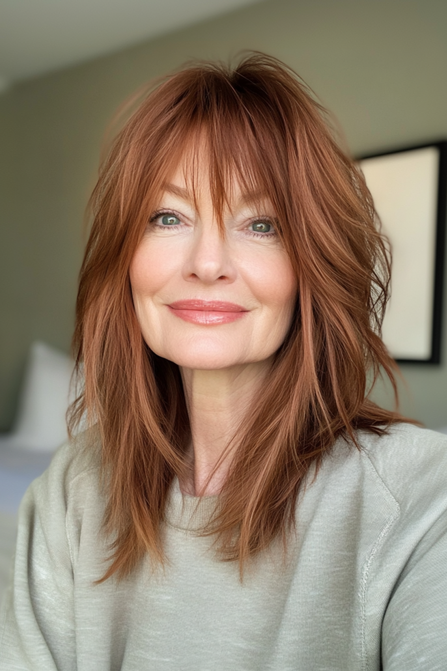 2. geschichtetes Shag mit Vorhang Pony in weichem Auburn (Haarschnitte für Frauen über 60 mit Pony) - Haarschnitte für Frauen über 60 mit Pony