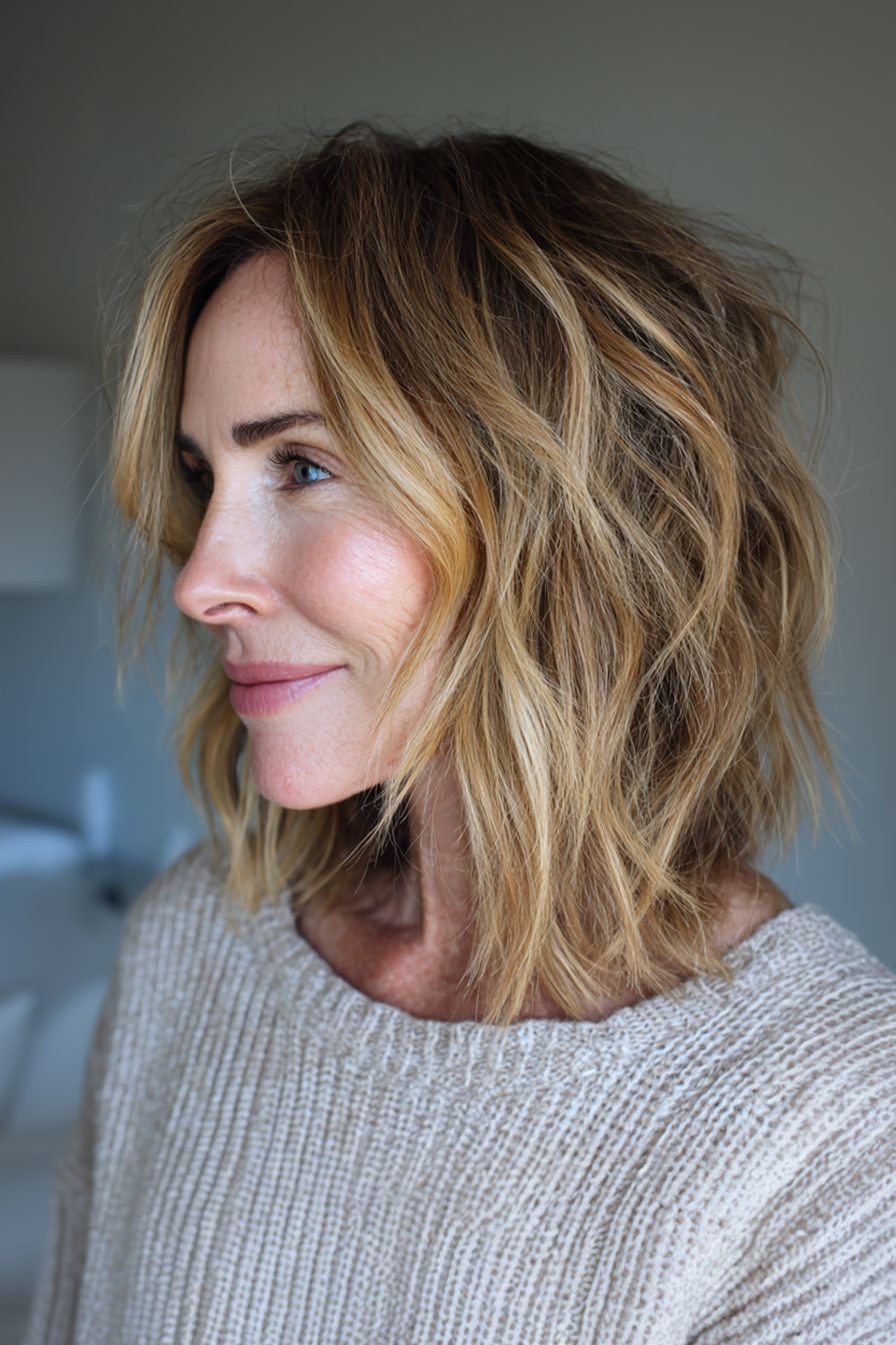 2. Layered Shag mit honigblondem Balayage (Unordentliche Frisuren für Frauen über 50) – Unordentliche Frisuren für Frauen über 50