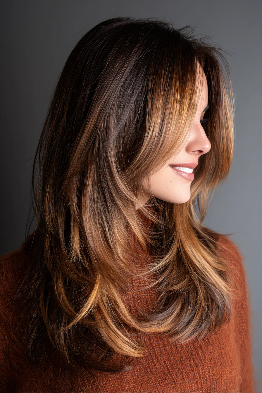 2. Langer Stufenschnitt mit Karamell-Balayage (Haarschnitte für dickes Haar) – Haarschnitte für dickes Haar