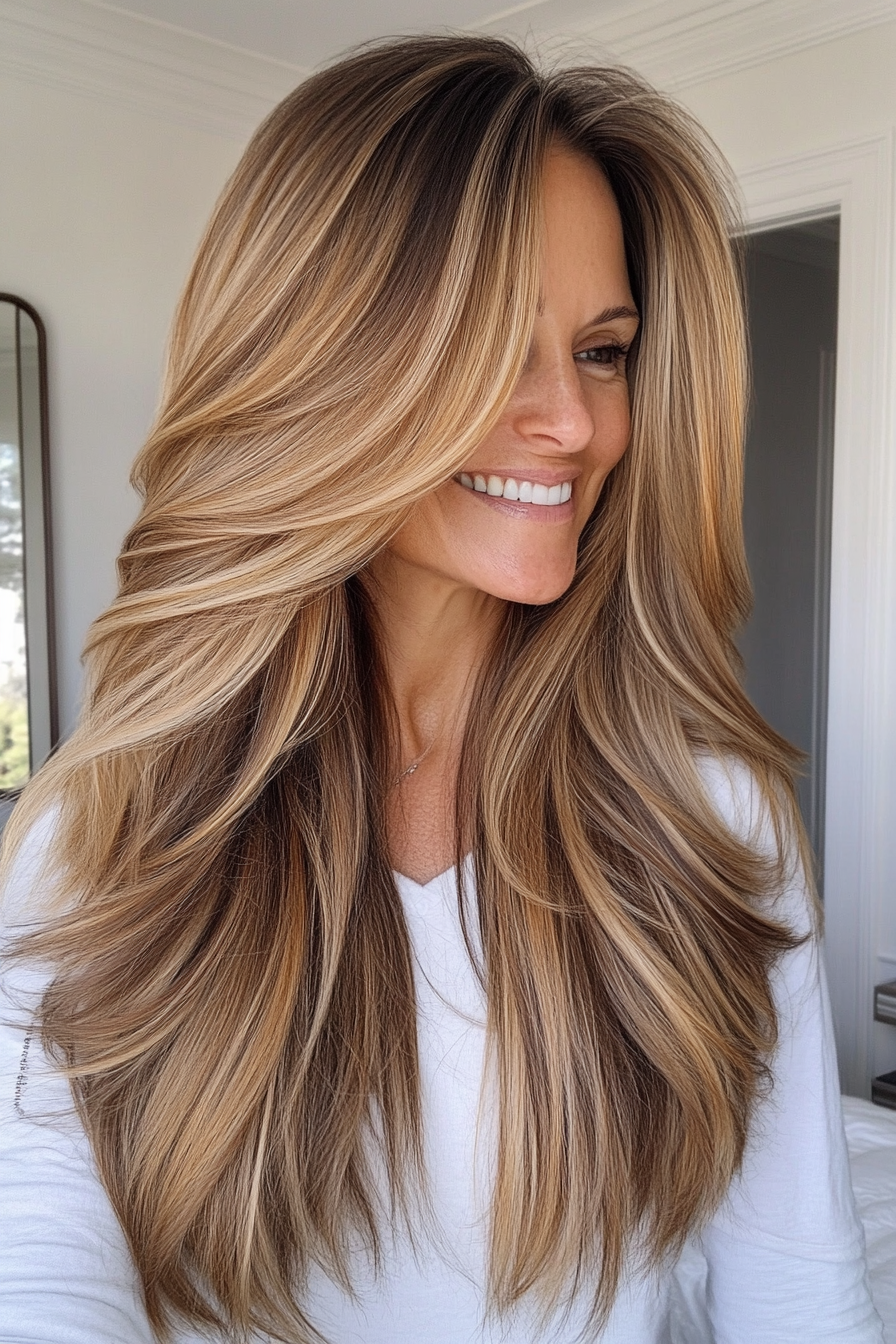 2. Langschicht geschnitten mit weichem Karamell (Frisurstrends für Frauen über 40 mit feinem Haar) - Frisurstrends für Frauen über 40 mit feinem Haar