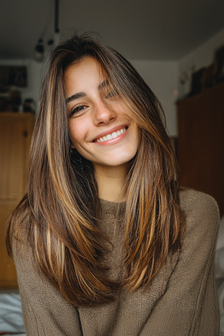 2. Lange Schichten mit Honig -Highlights (einfache Frisuren) - einfache Frisuren