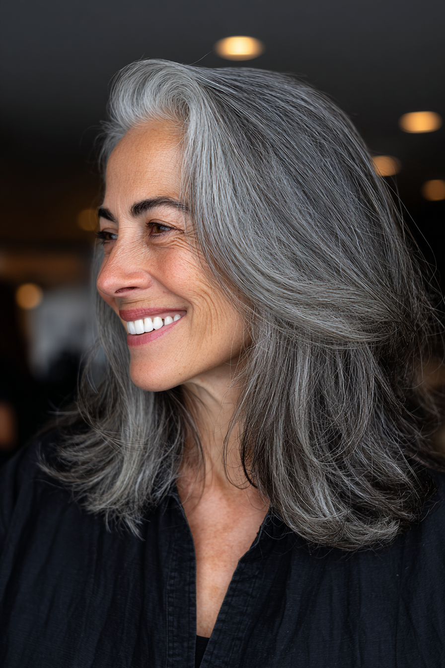 2. Salz- und Passper lange Schichten (graue Frisuren für Frauen über 40)-Graue Frisuren für Frauen über 40