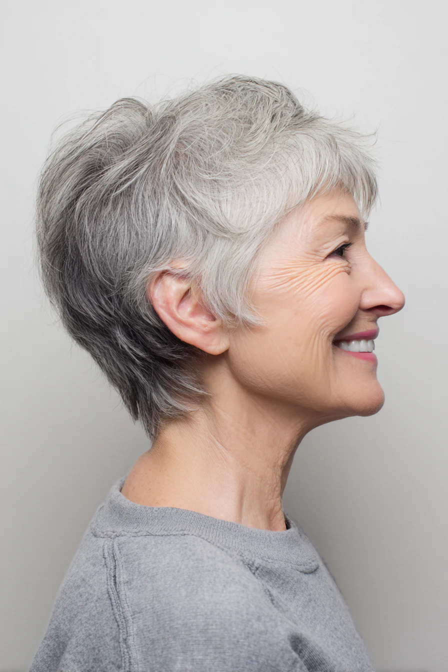 2. Kurzer Stufenschnitt mit silbernen Frost-Highlights (Haarschnitte für Frauen über 60 mit schütterem Haar) – Haarschnitte für Frauen über 60 mit schütterem Haar