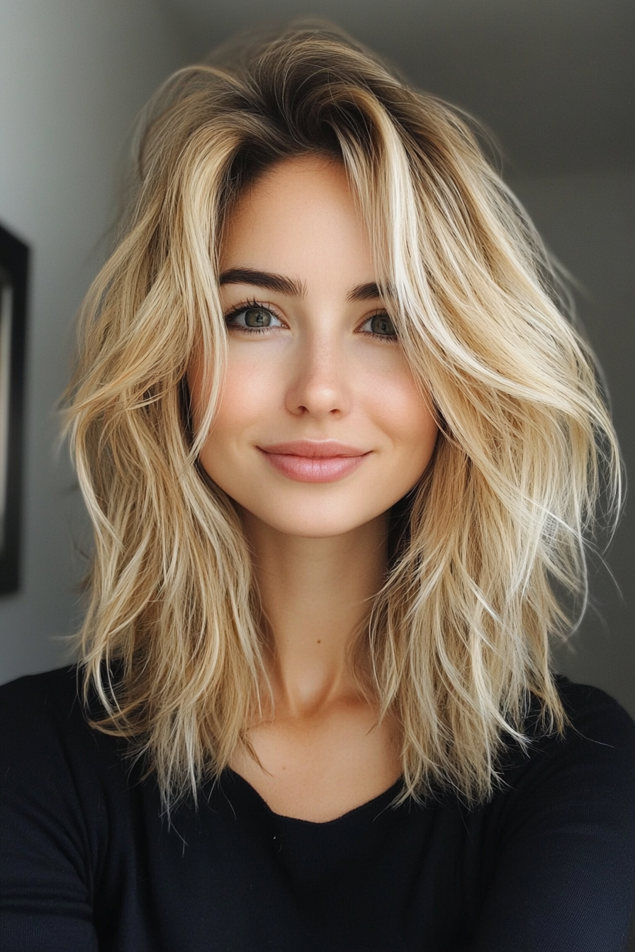 2. schulterlanger Shag mit sandigen Blonden (mittlere Haarschnitte für krauses Haar) - mittelgroße Haarschnitte für kraume Haare