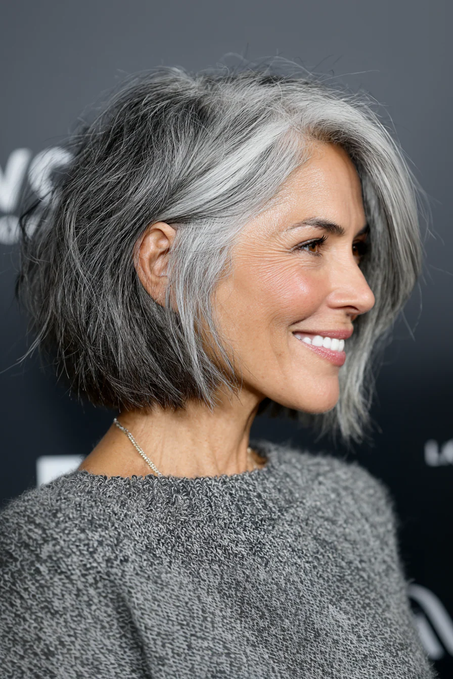 2. Strukturierter Bob mit Seitenscheitel in Silver Ash (kurze mittellange Frisuren für Frauen über 50) – Kurze mittellange Frisuren für Frauen über 50