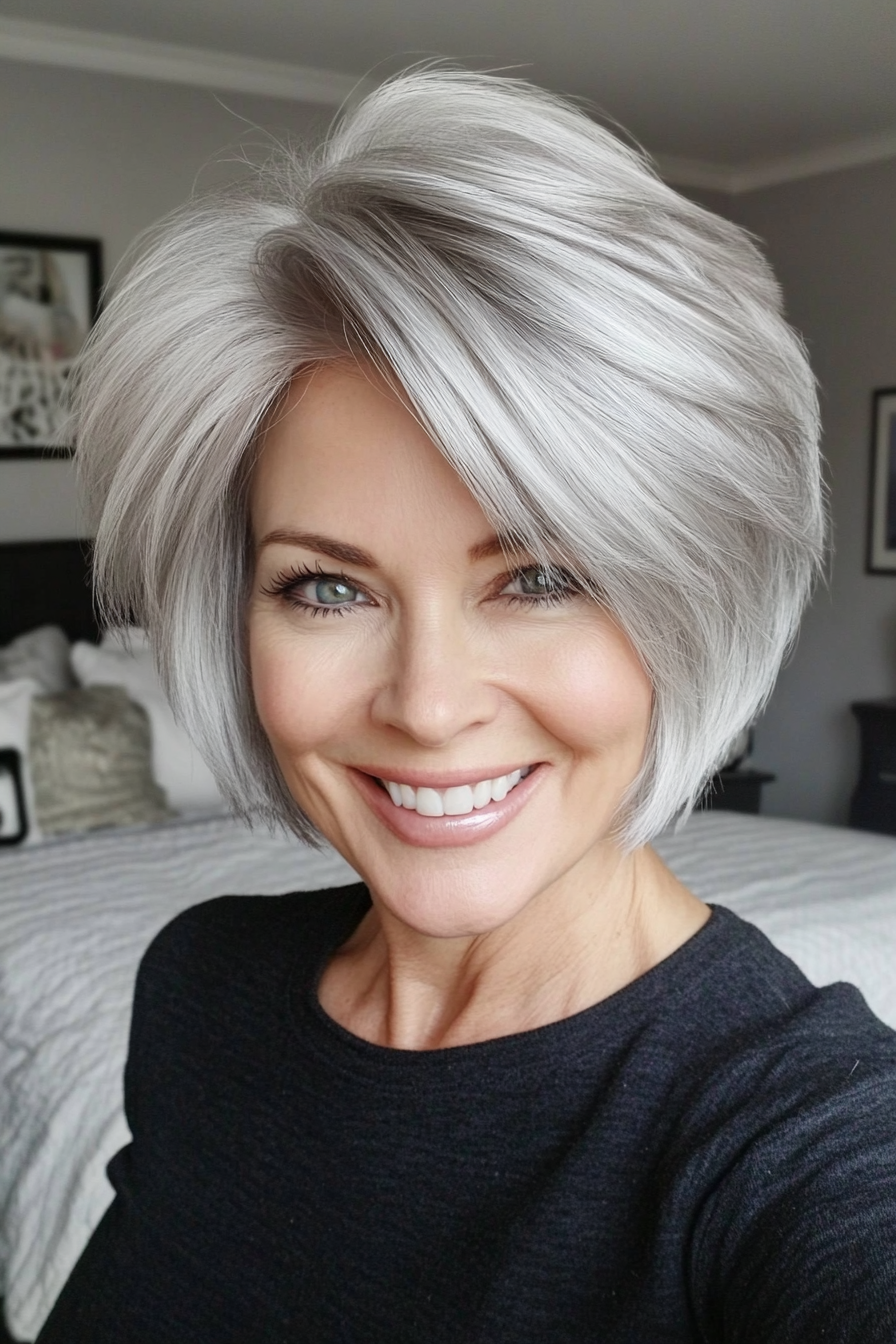 2. Silber gefiederte Schichten (kurz gestapelte Haarschnitte für Frauen über 50) - kurze Haarschnitte für Frauen über 50
