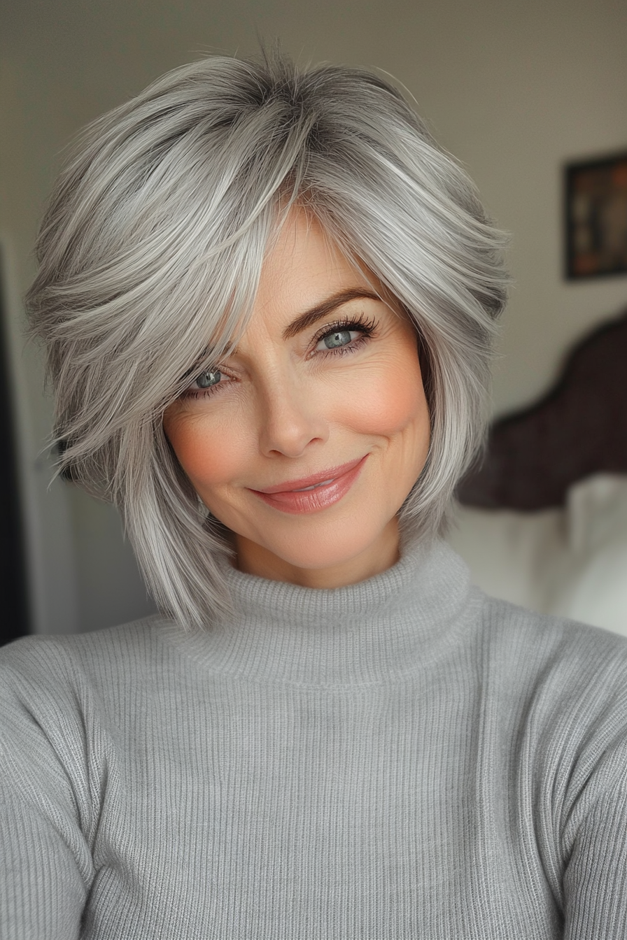 2. Silber gefiederte Pixie mit Lautstärke (Hochzeitsfrisuren für ältere Frauen) - Hochzeitsfrisuren für ältere Frauen