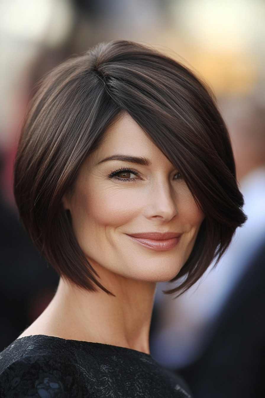 2. Schlanker asymmetrischer Bob in dunklem Schokoladenbraun (schicke kurze Frisuren für Frauen über 40) - schicke kurze Frisuren für Frauen über 40