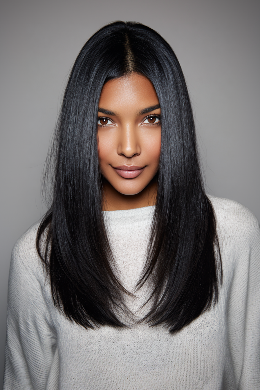 2. Schlanker mittlerer Teil mit jagen schwarzem Glanz (lange Haarschnitte für ovales Gesicht) - lange Haarschnitte für ovales Gesichtsgesicht