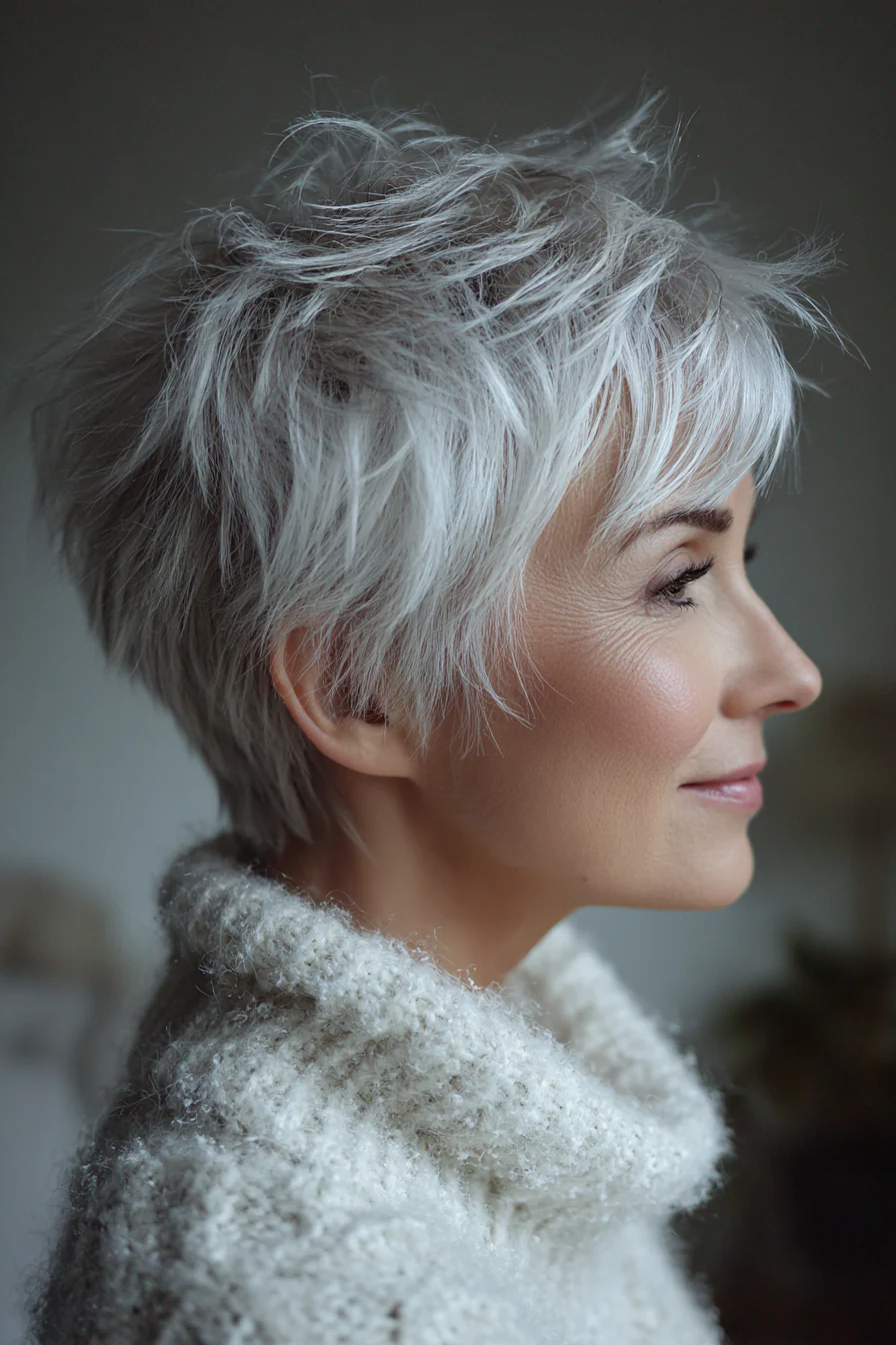 2. Snowy Shag Pixie mit strukturierten Enden (kurze zottelige Frisuren für ältere Frauen) – Kurze zottelige Frisuren für ältere Frauen