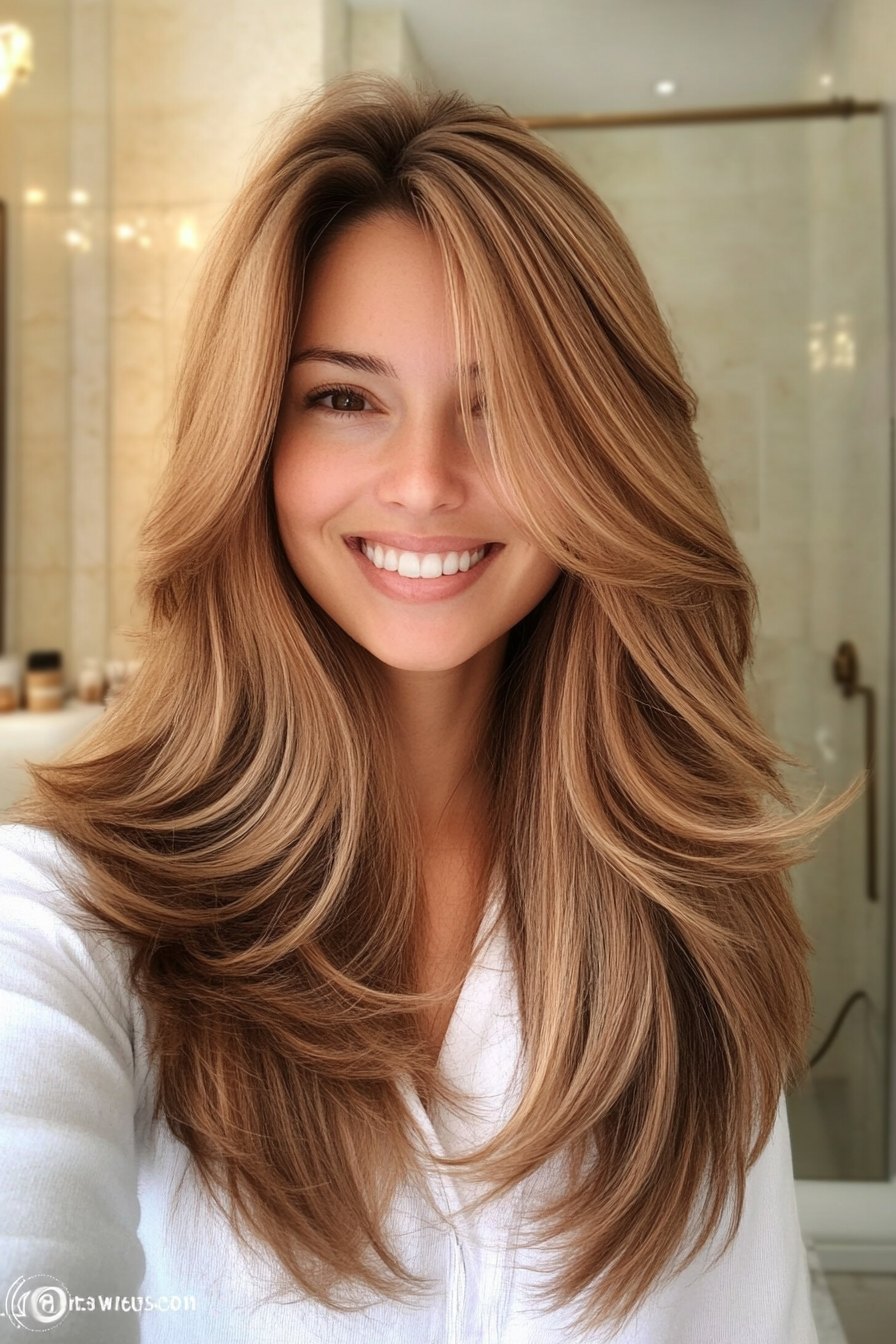 2. Weiche Karamellschichten (lang geschichtete Haarschnitte) - lang geschichtete Haarschnitte