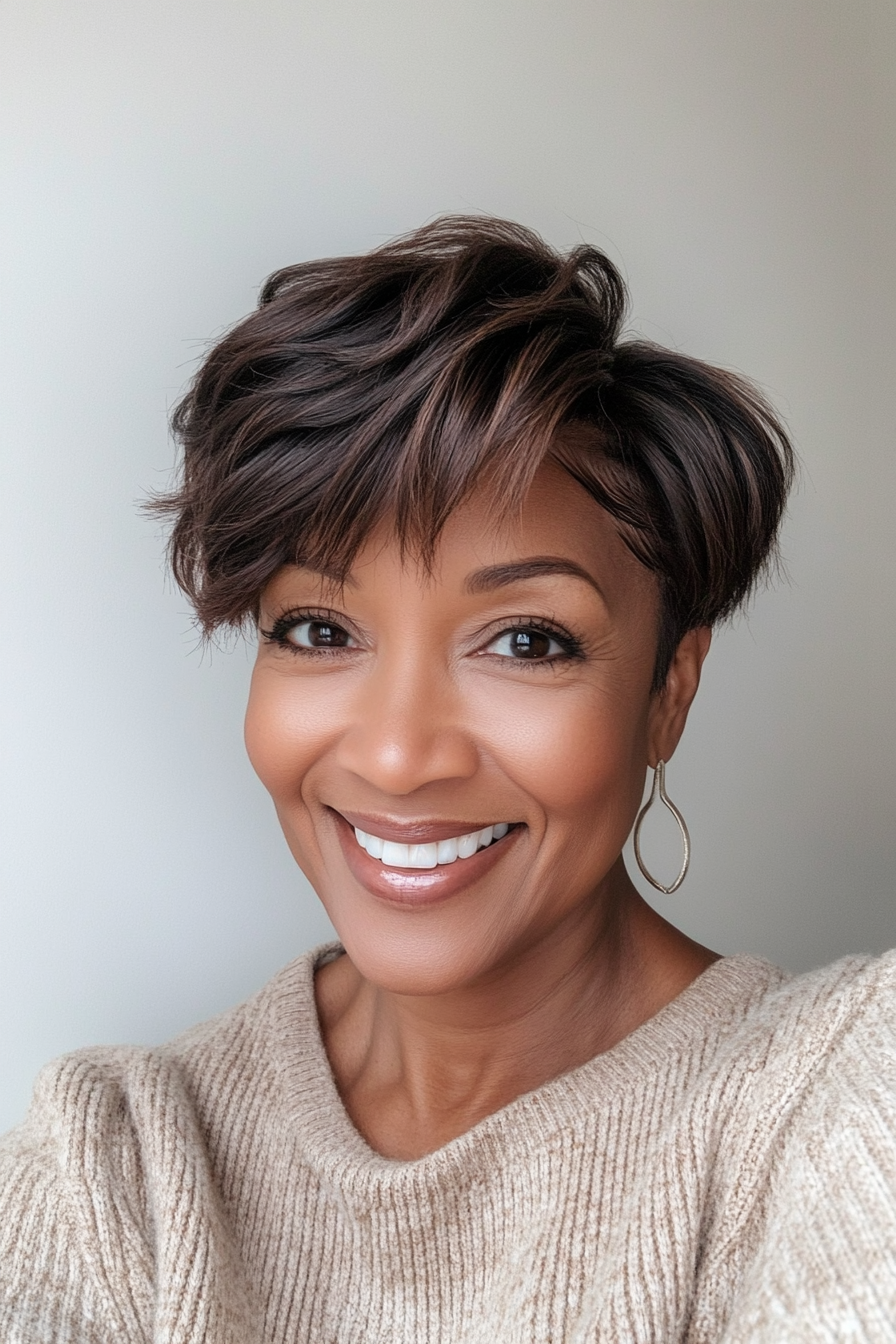 2. Weicher, geschichteter Pixie in sattem Mokka (Pixie-Haarschnitte für schwarze Frauen über 60) – Pixie-Haarschnitte für schwarze Frauen über 60