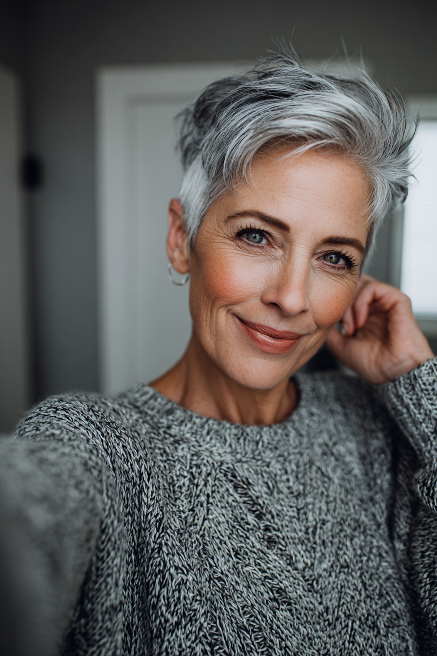 2. Weicher Pixie mit Salz- und Pfefferschicht (weiße Frisuren für Frauen über 50) – Weiße Frisuren für Frauen über 50