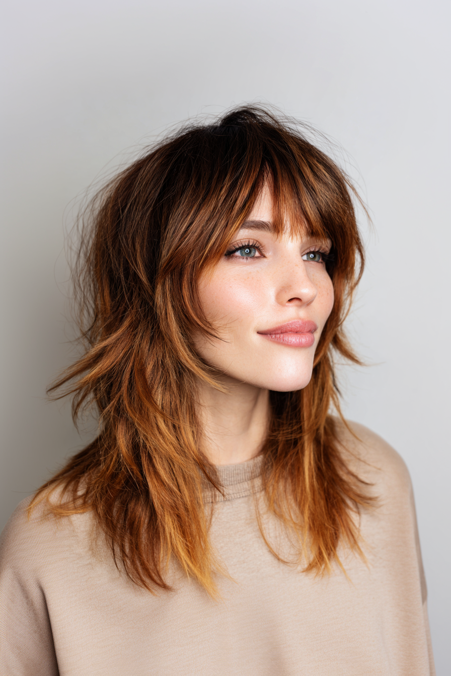 2. Weicher Shag mit Karamellbändern (kinnlänge texturierte Haarschnitte) - Kinnlänge strukturierte Haarschnitte