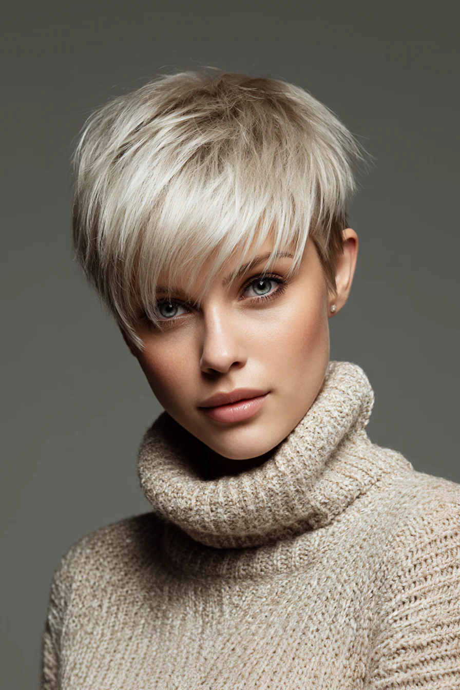 2. Spitz zulaufender Pixie mit langen Fransen in eisigem Beigeblond (kurze Frisuren für dickes Haar) – Kurze Frisuren für dickes Haar