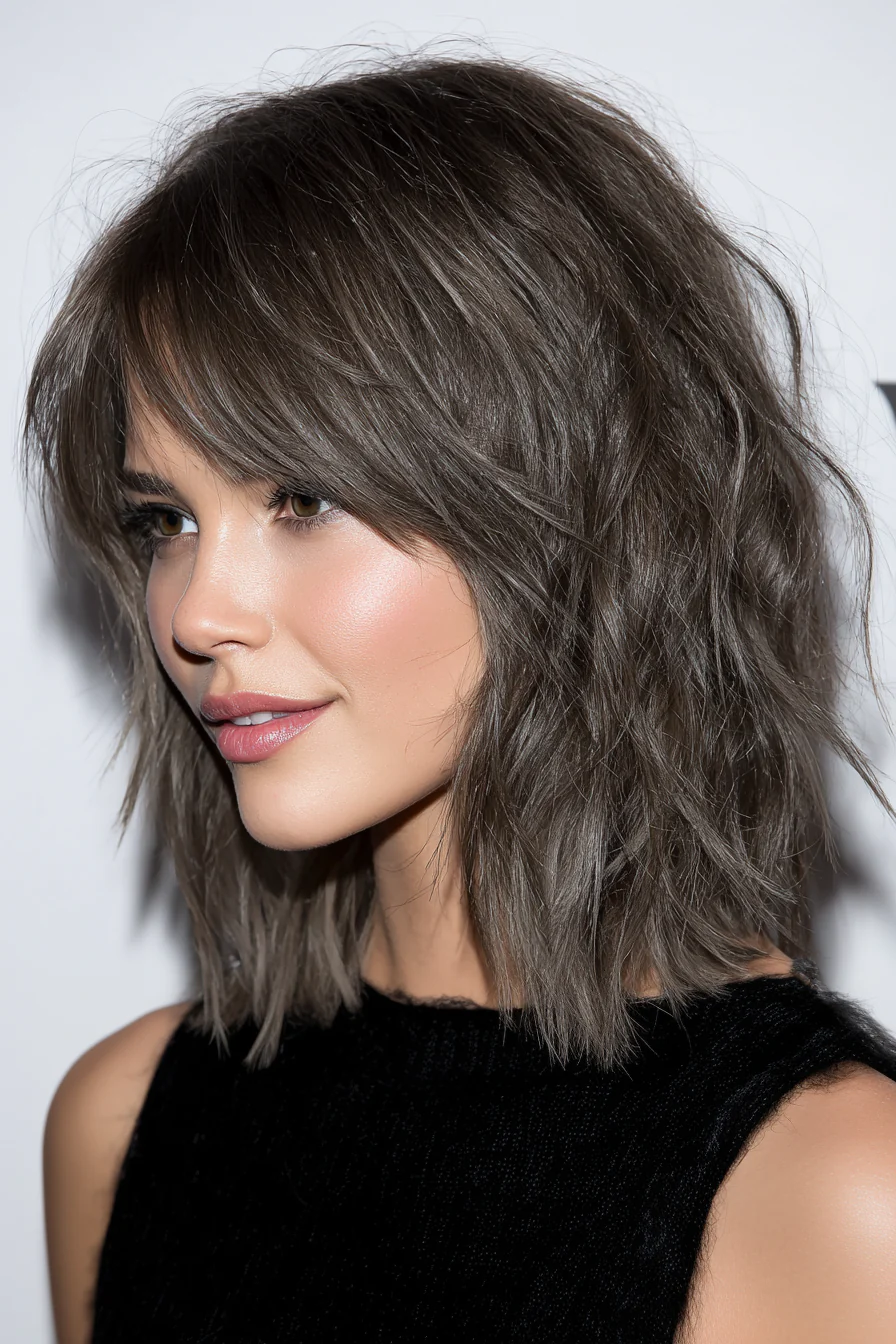 2. Strukturierter aschbrauner Schnitt (schulterlange Frisuren für dickes Haar) – Schulterlange Frisuren für dickes Haar