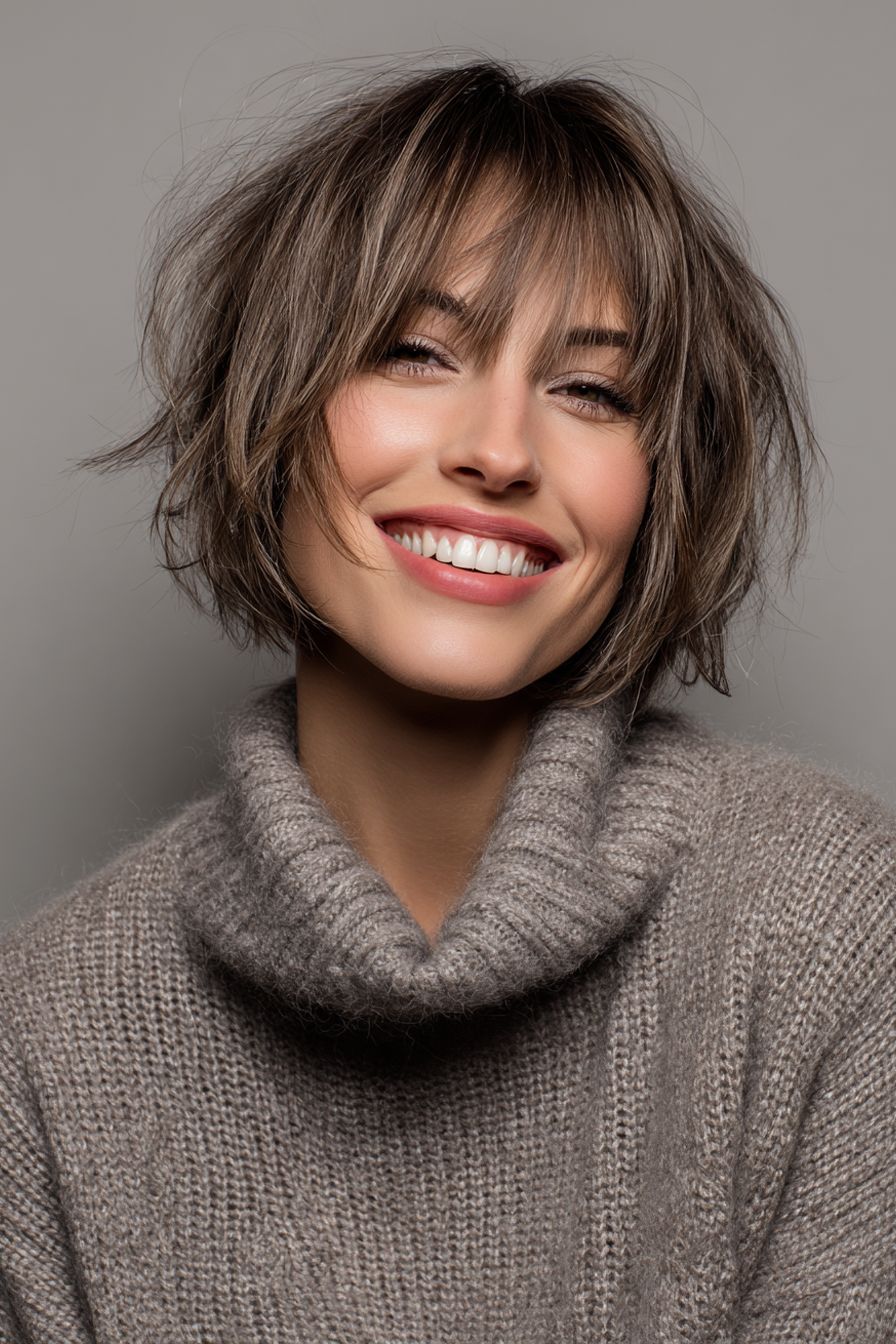 2. strukturiertes aschbrauner Schichtbob (mittelgroße geschichtete Bob -Frisuren) - mittelgroße, geschichtete Bob -Frisuren