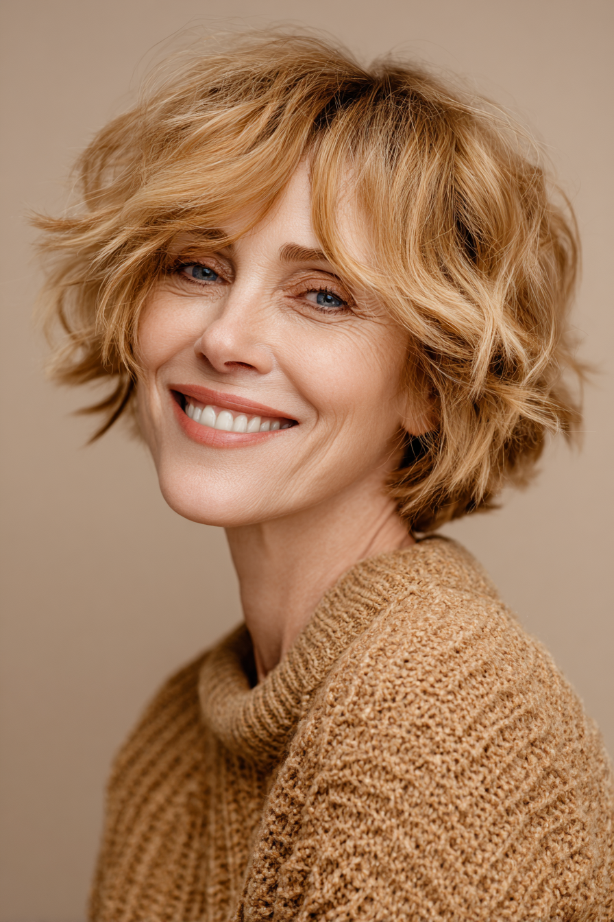 2. strukturiertes geschichtter Bob in warmen Karamellblonde (kurze Bob -Haarschnitte für Frauen über 50) - Kurzschichtige Bob -Haarschnitte für Frauen über 50