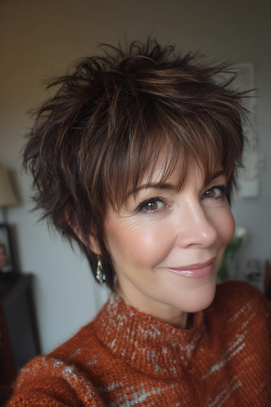 2. Warm Brunette Tousled Spike Cut (Stachelige Haarschnitte für Frauen über 50) – Stachelige Haarschnitte für Frauen über 50