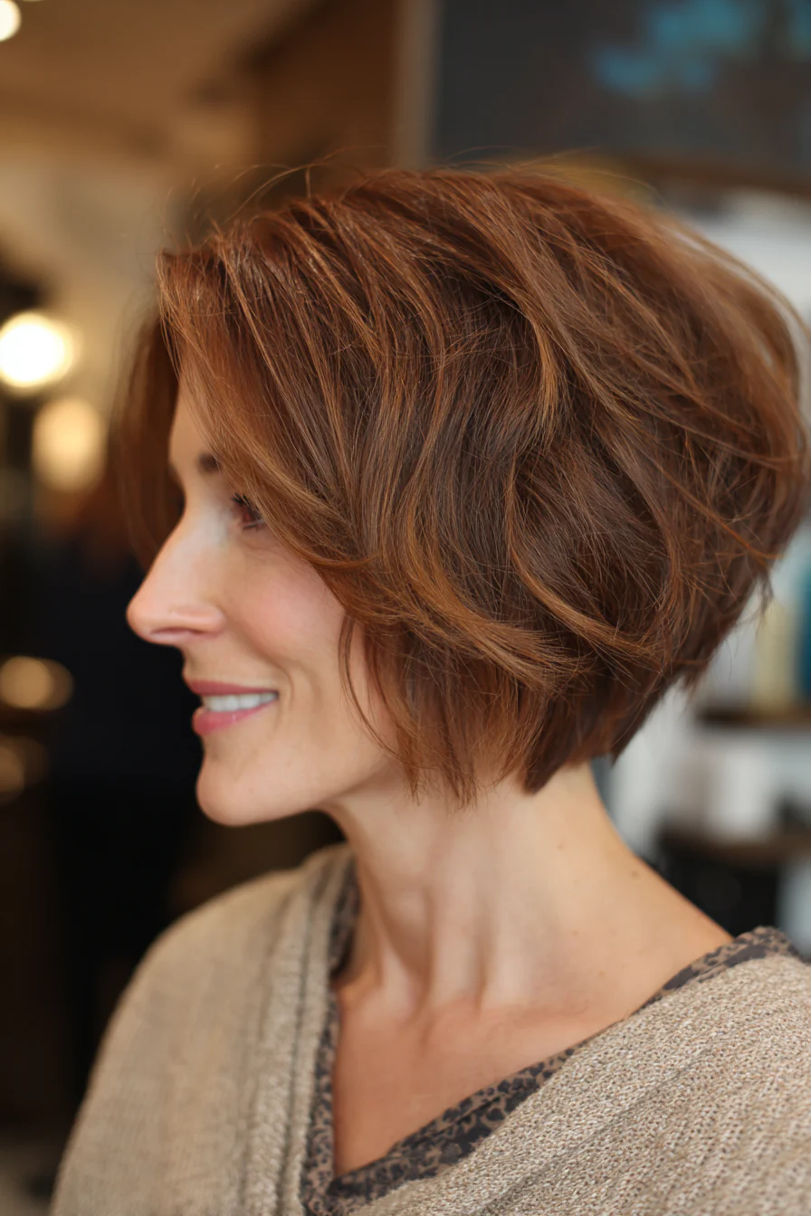 2. Warmer Bob mit kastanienbrauner Struktur (Kurzhaarfrisuren für Frauen über 40 mit dünnem Haar) – Kurzhaarfrisuren für Frauen über 40 mit dünnem Haar