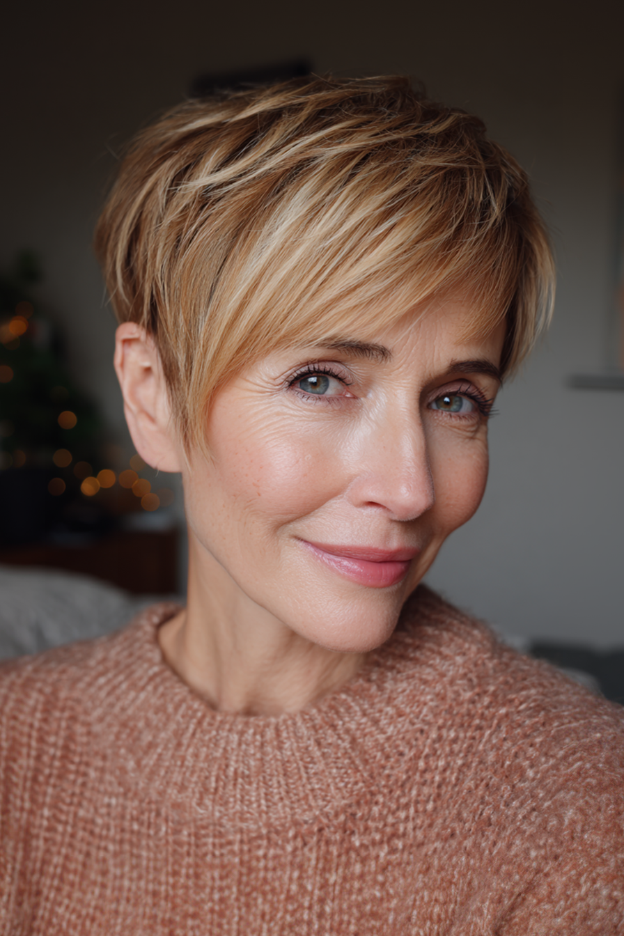 2. Warmer honigblonder geschichteter Pixie (geschichteter Pixie-Haarschnitt für Frauen über 60) – geschichteter Pixie-Haarschnitt für Frauen über 60