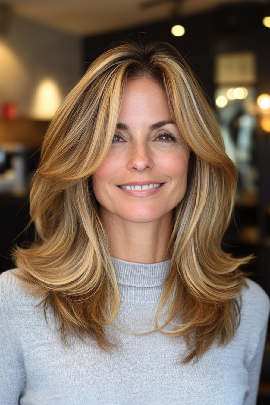 2. Warmhonigschicht geschnitten (mittelgroße Haarschnitte für Frauen über 60) - Haarschnitte mit mittlerer Länge für Frauen über 60