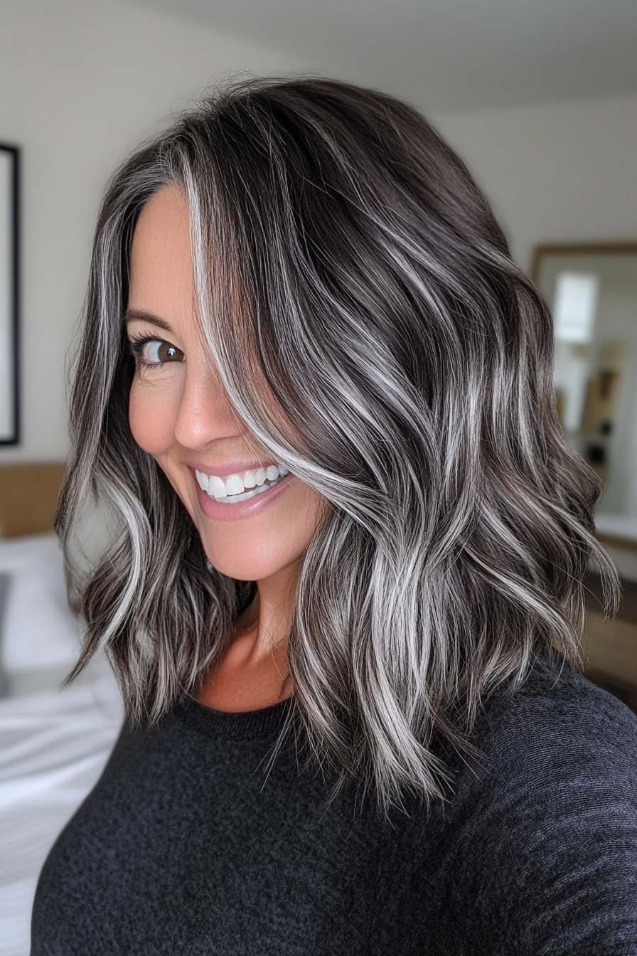 2. Wellensalz- und Pfeffer -Lob mit dunkelbrauner Basis (Salz- und Pfefferfrisuren für Frauen über 50) - Salz- und Pfefferfrisuren für Frauen über 50