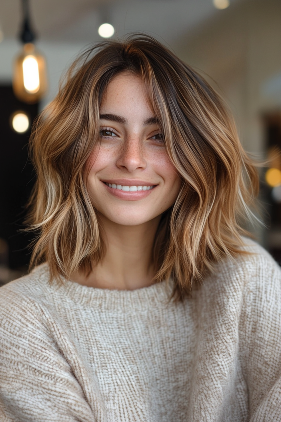 2. Wispy Lob mit butterartigen Karamelltönen (geschichtete Haarschnitte für dünnes Haar) - geschichtete Haarschnitte zum Ausdünnen von Haaren