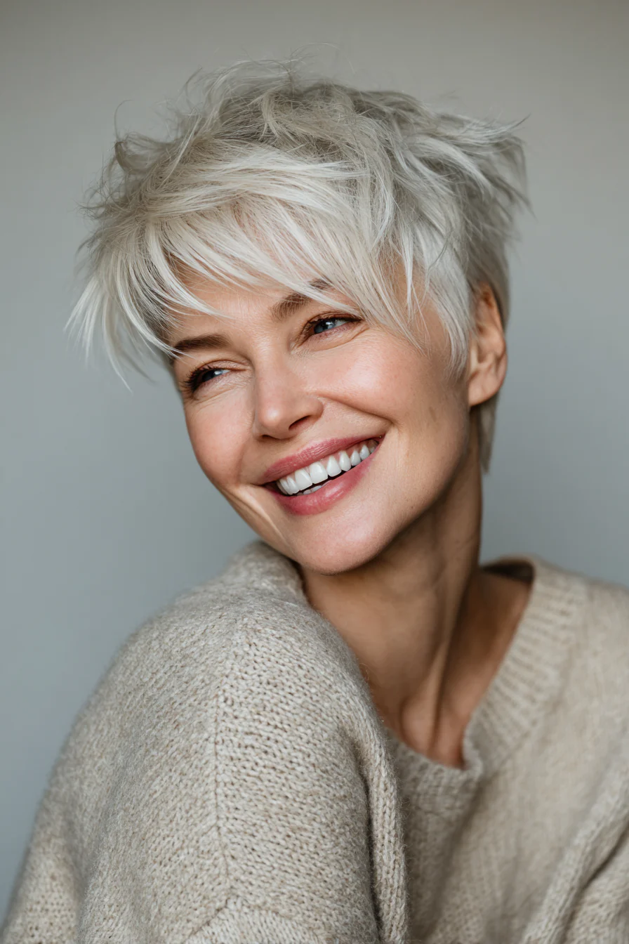 2. Wispy Pixie Cut mit Asche-Highlights (Kurzhaarschnitte für Frauen über 40 mit feinem Haar) – Kurzhaarschnitte für Frauen über 40 mit feinem Haar