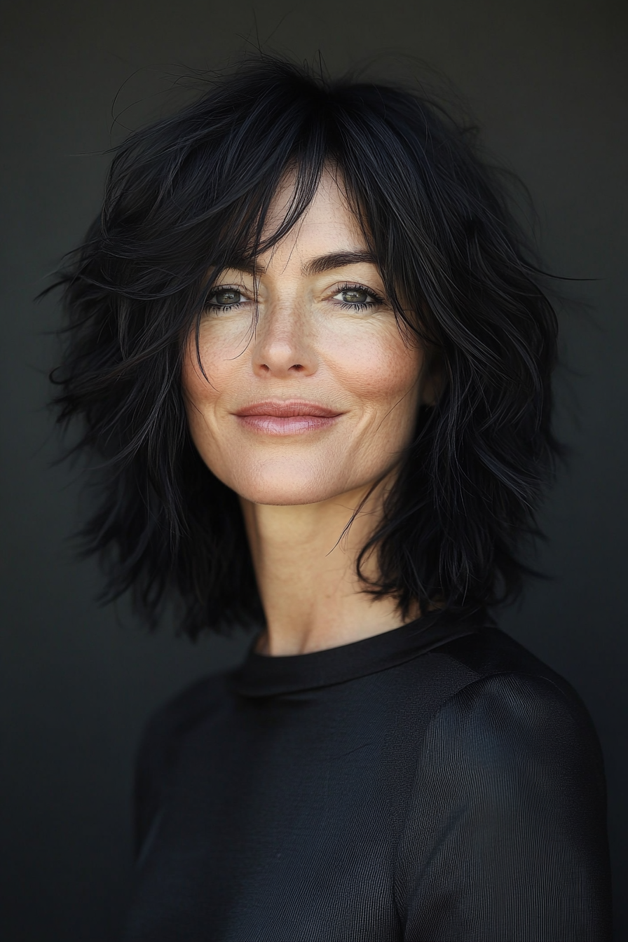 2. Wispy Shag mit natürlichen schwarzen Glanz (lustige Haarschnittideen für Frauen über 40) - lustige Haarschnittideen für Frauen über 40