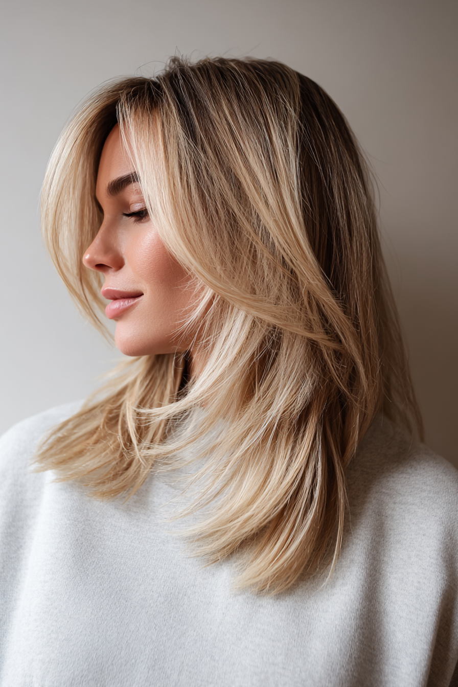 20. abgewinkelte Schichten mit Champagnerblondonten (geschichtete Haarschnitte für Frauen) - geschichtete Haarschnitte für Frauen