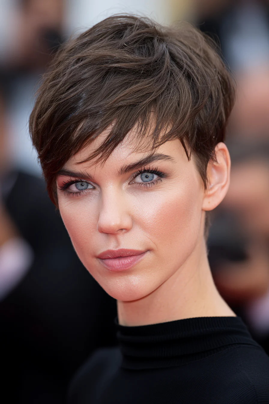20. Aschbrauner Pixie mit geschichteter Krone (kurze Pixie-Frisuren) – Kurze Pixie-Frisuren