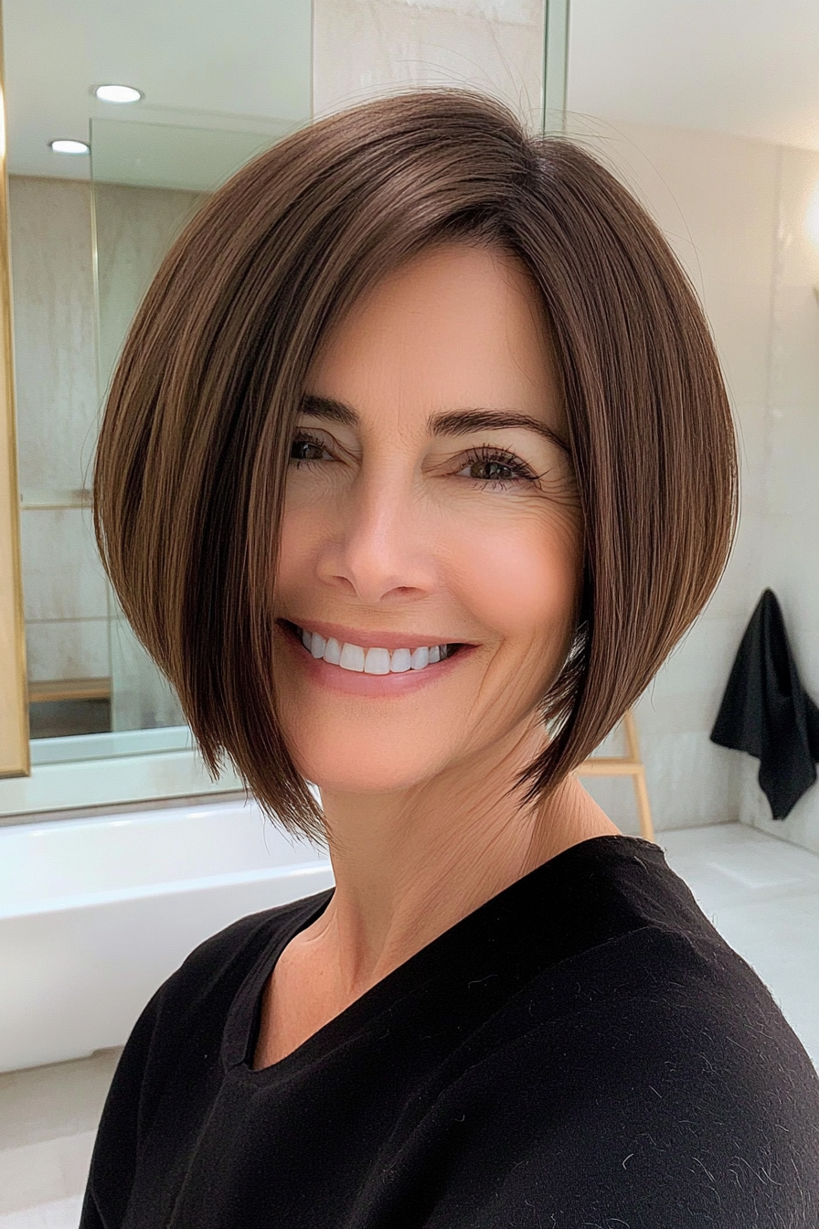 20. Asche Brown Short Bob mit Seitenteil (schicke Frisuren für Frauen über 50) - schicke Frisuren für Frauen über 50