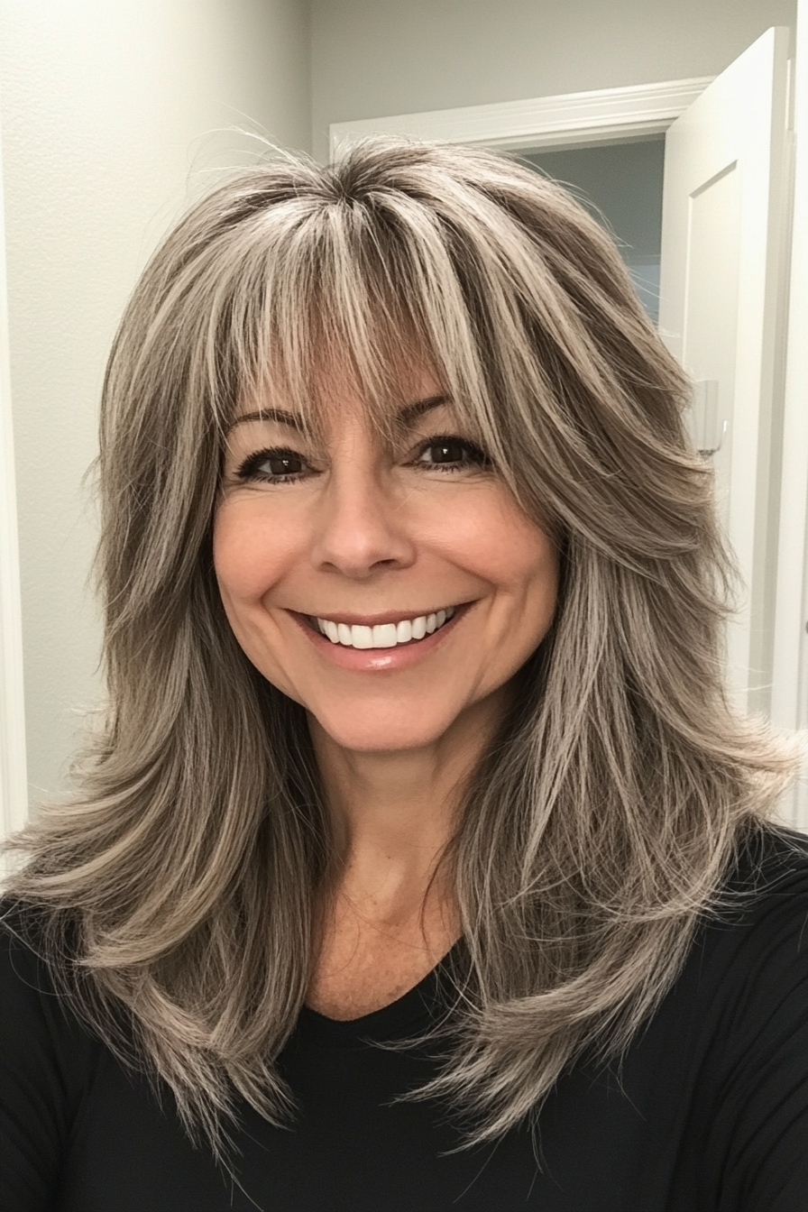 20. aschbrauner schulterlanger Shag mit langen Pony (zottelige Frisuren für Frauen über 50) - Shaggy Frisuren für Frauen über 50