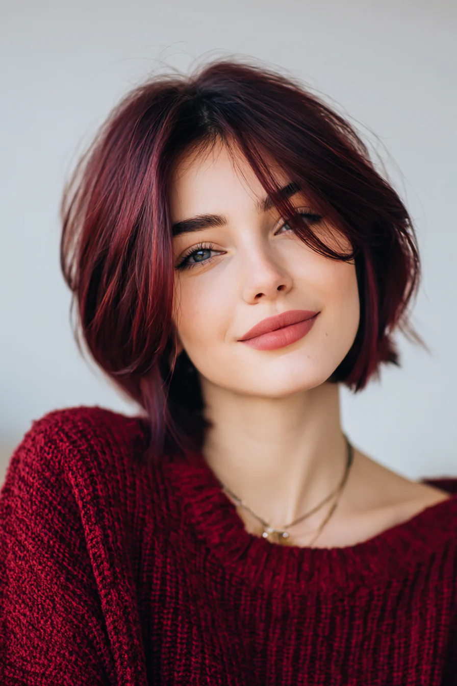 20. Asymmetrischer Bob mit tiefem Burgunder-Seitenpony (Bob-Frisuren mit Pony) – Bob-Frisuren mit Pony