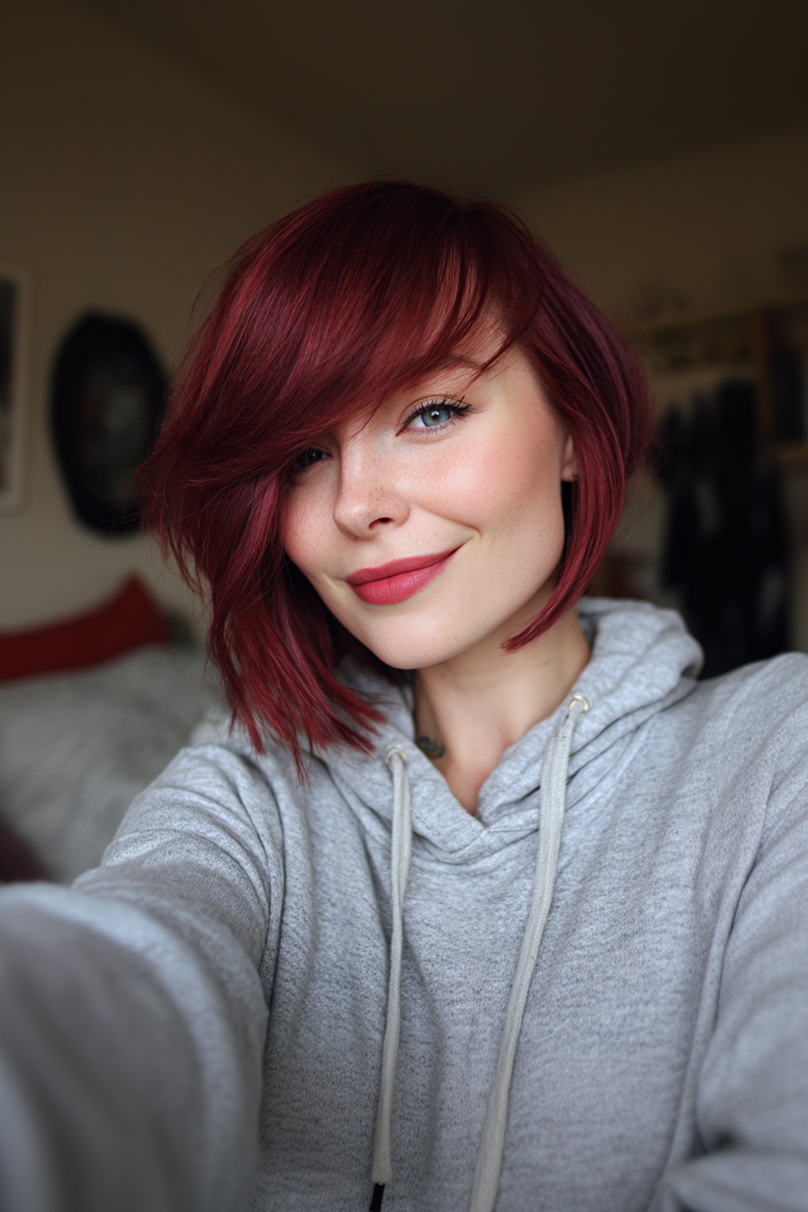 20. Asymmetrischer Bob mit Seitenknall in burgunderroten (Haarschnitte für Frauen über 40 mit Pony) - Haarschnitte für Frauen über 40 mit Pony