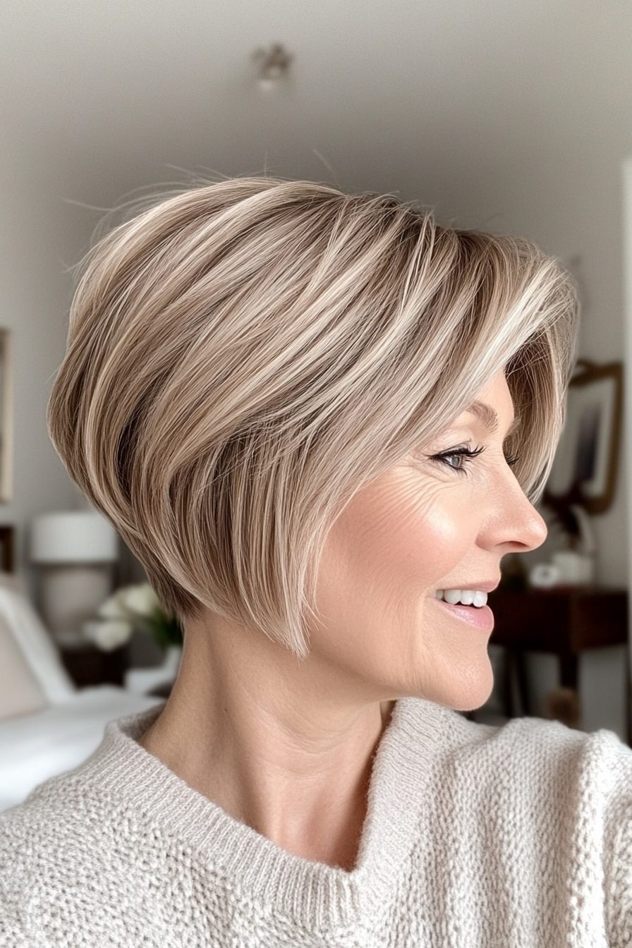 20. Beige blonde Schichten (trendige Haarschnitte für Frauen über 40) - trendige Haarschnitte für Frauen über 40