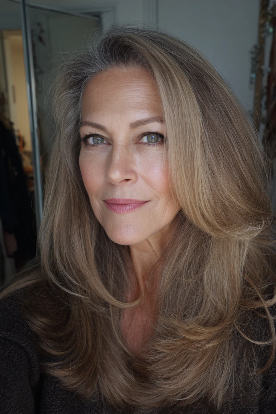 20. Geföhnte Schichten mit hellem Sandbraun (lange Frisuren für Frauen über 60) – Lange Frisuren für Frauen über 60