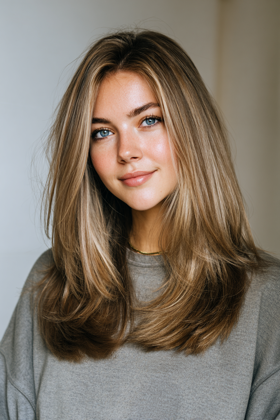 20. Bra -Länge -Schichten mit dunkler blonde Mischung (lange Haarschnitte für ovales Gesicht) - lange Haarschnitte für ovales Gesicht