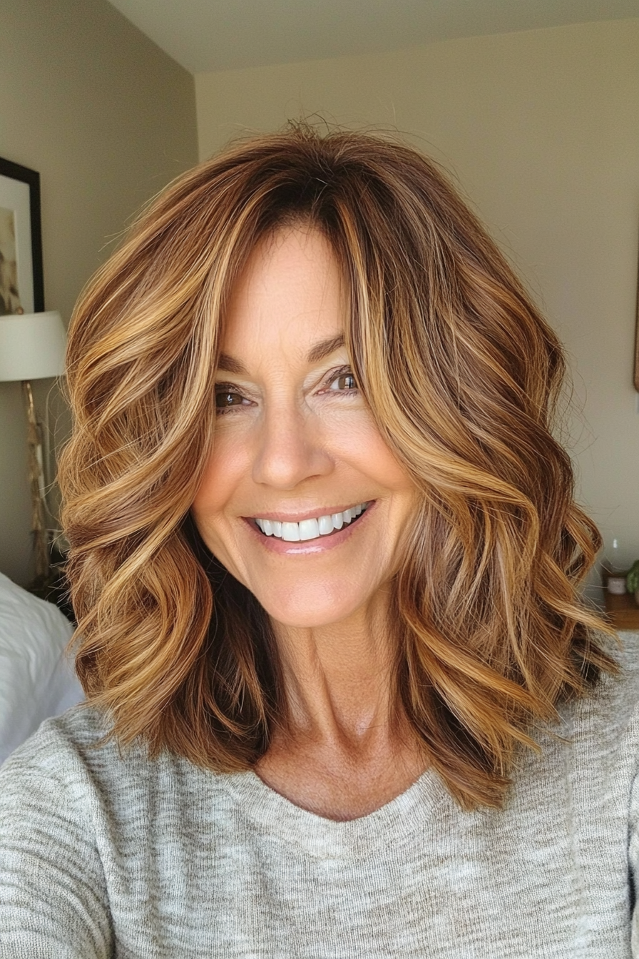 20. abgehackte Schichten in warmem Karamell (Haarschnitte für Frauen über 60 mit welligen Haaren) - Haarschnitte für Frauen über 60 mit welligen Haaren