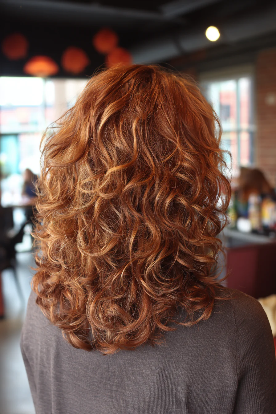 20. Zimtfarbener mittellockiger Shag (geschichtete lockige Frisuren) – geschichtete lockige Frisuren