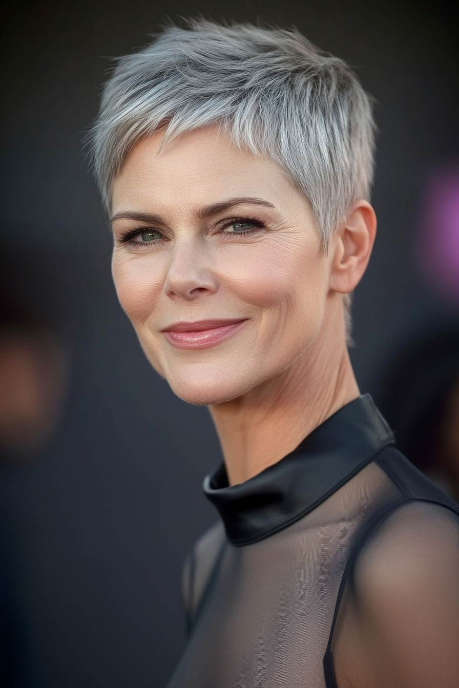 20. Klassische Pixie -Schnitt mit Salz- und Pfeffermischung (beste Haarschnitte für Frauen über 40) - beste Haarschnitte für Frauen über 40
