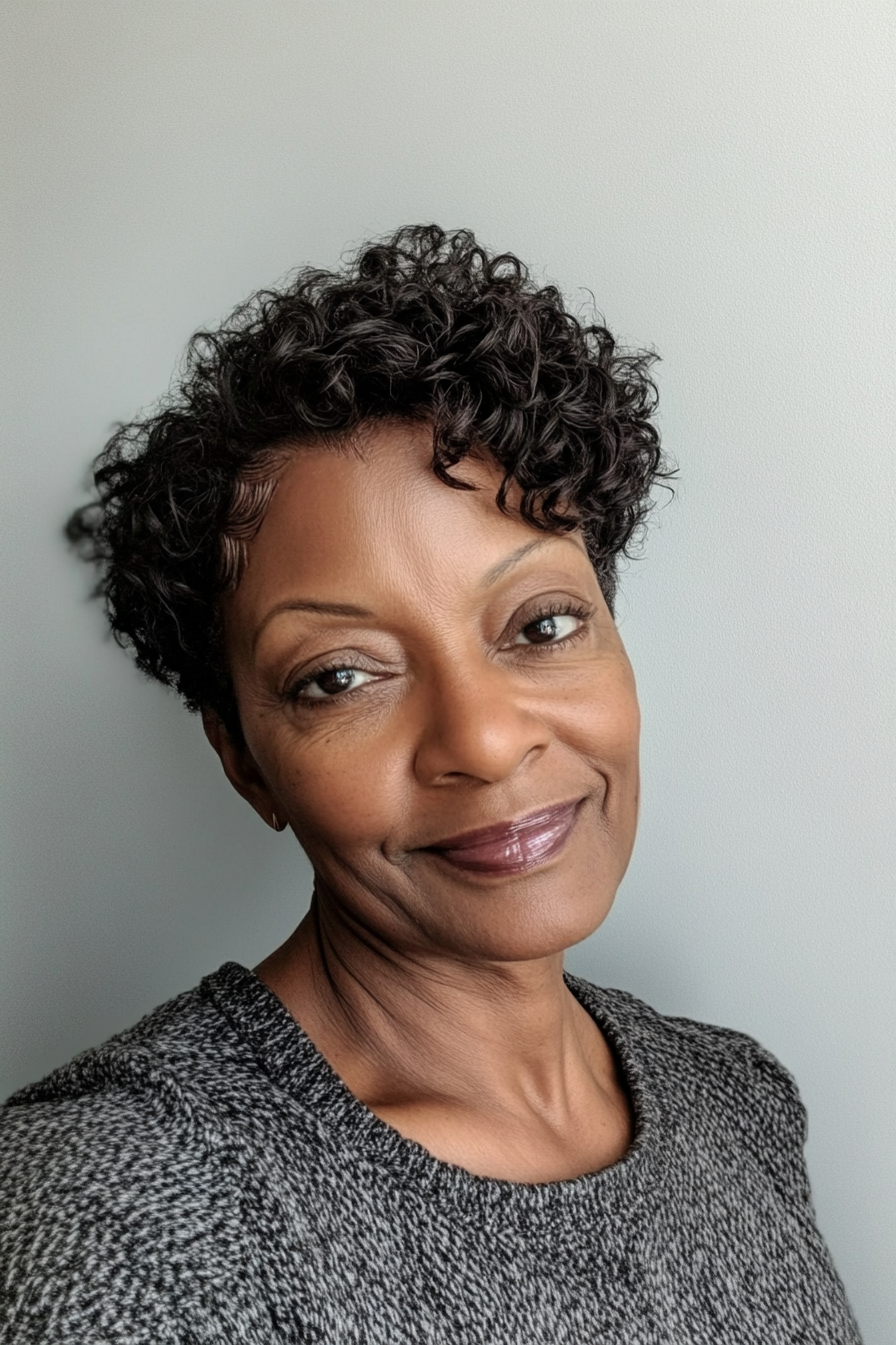 20. Kurzhaarschnitt mit weichen Locken in dunklem Aschbraun (Pixie-Haarschnitte für schwarze Frauen über 60) – Pixie-Haarschnitte für schwarze Frauen über 60