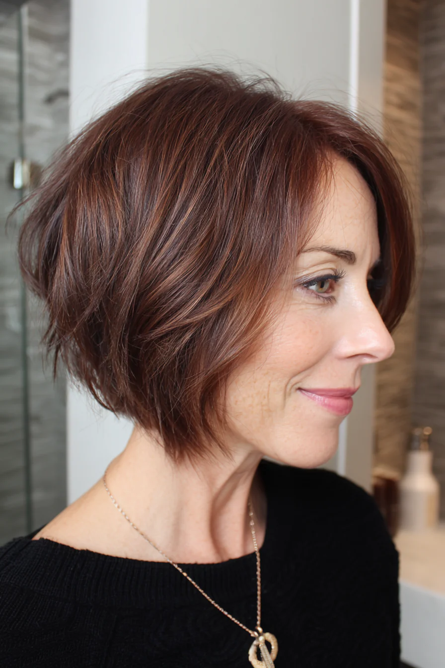 20. Kurzer Bob mit dezenten Stufen in weichem Mahagoni (Kurzhaarfrisuren für Frauen über 50 mit feinem Haar) – Kurzhaarfrisuren für Frauen über 50 mit feinem Haar