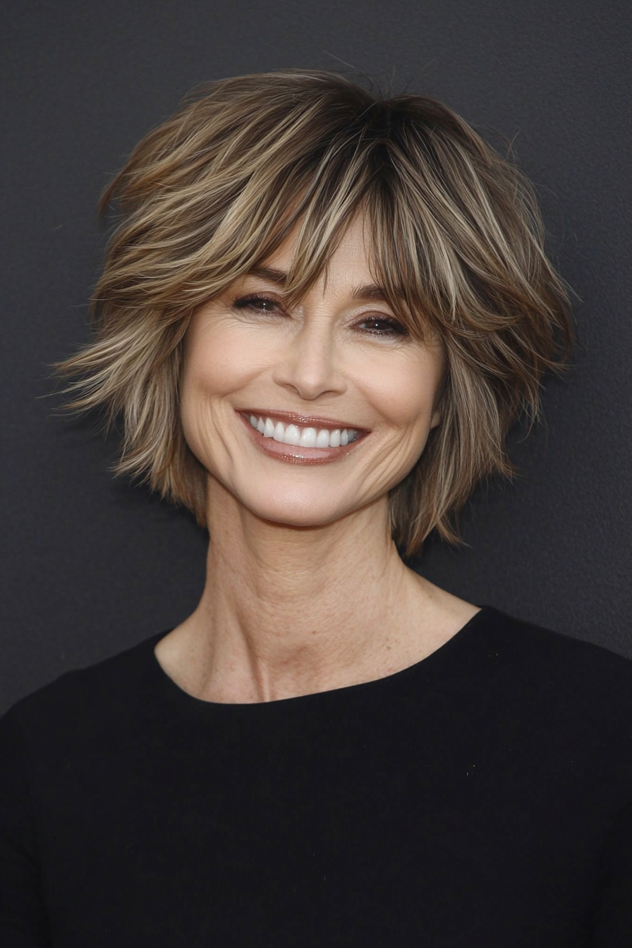 20. Zugeschnittener Shag in weicher Aschebraun (schicke kurze Frisuren für Frauen über 40) - schicke kurze Frisuren für Frauen über 40