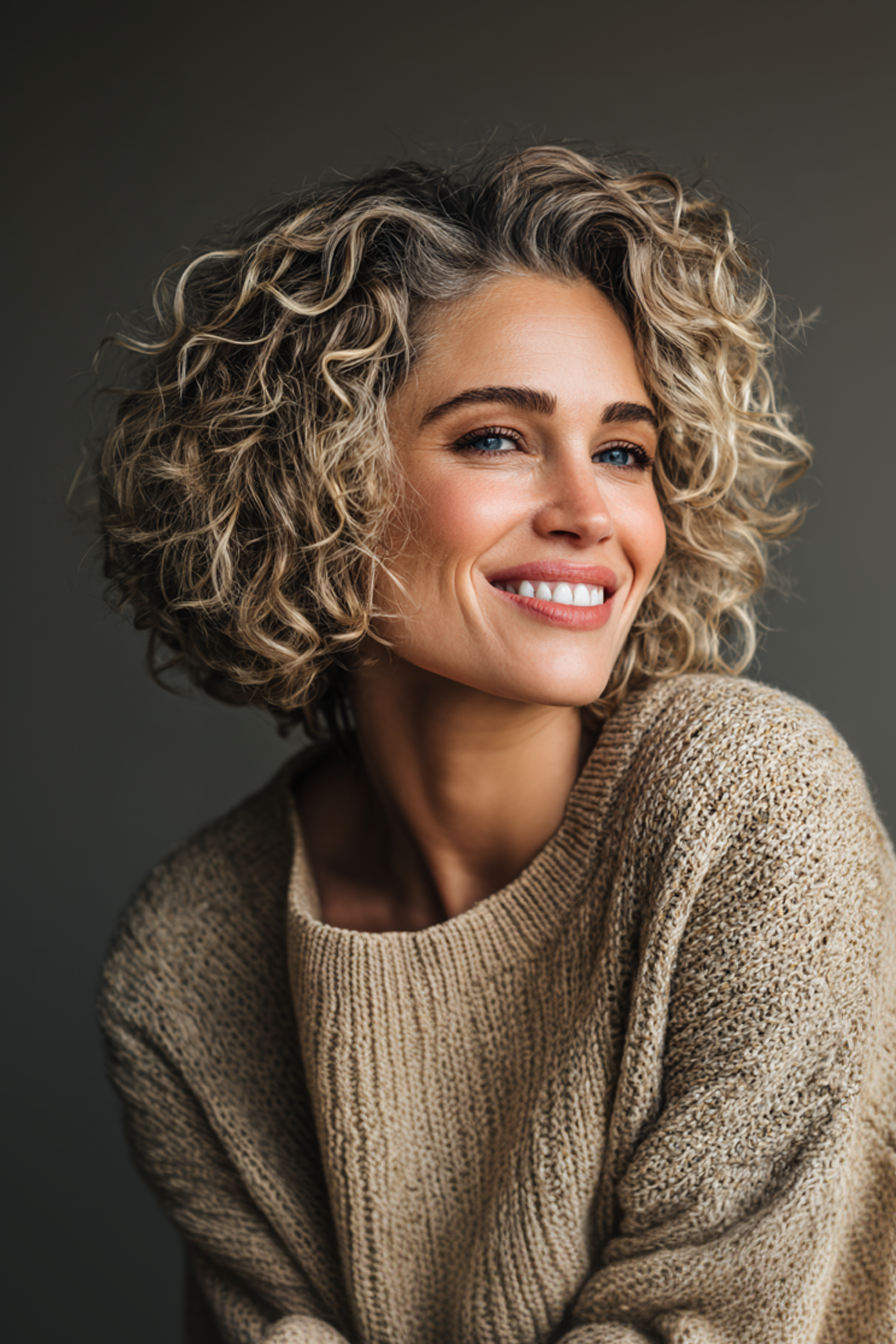 20. Curly Bob mit goldenen Highlights (freche Frisuren für Frauen über 40) - freche Frisuren für Frauen über 40