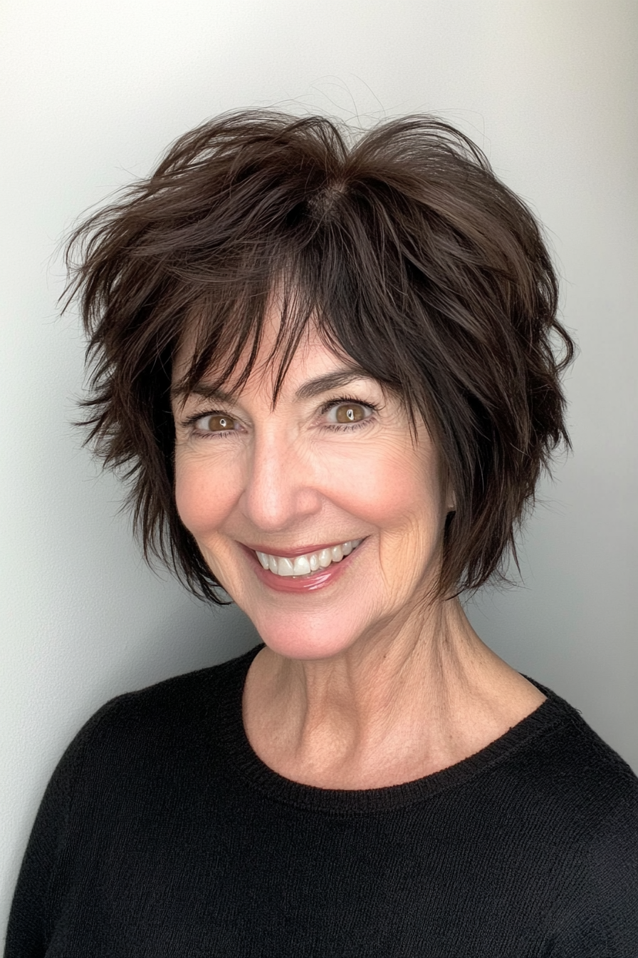 20. Dunkelbraun, sich verjüngter Schnitt mit kantiger Textur (kantige Frisuren für Frauen über 60) - kantige Frisuren für Frauen über 60