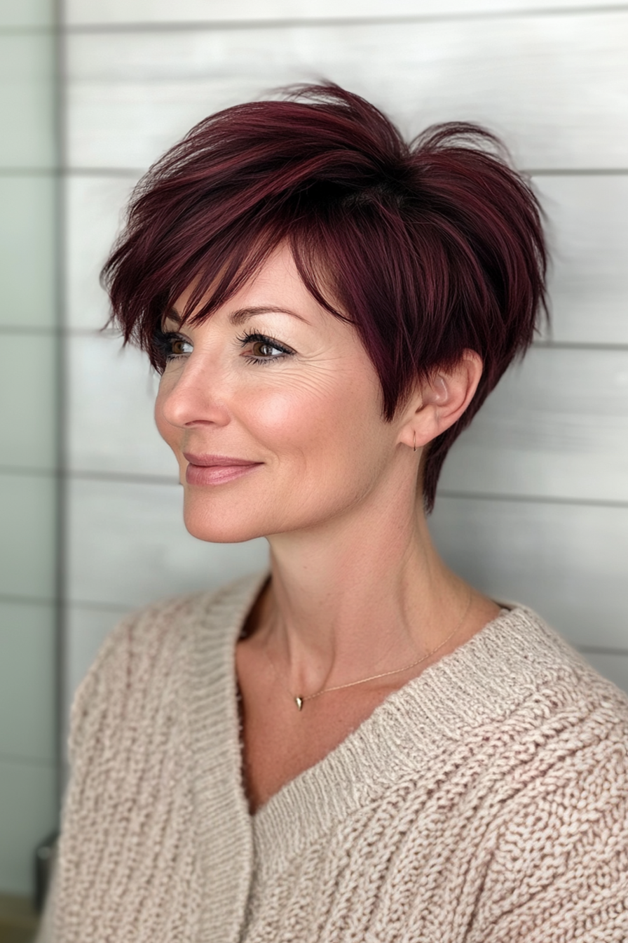 20. Deep Wine Textured Pixie (lange Pixie -Haarschnitte für ältere Frauen) - Lange Pixie -Haarschnitte für ältere Frauen